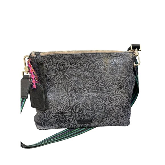 Consuela Handbags - Consuela Black Embossed Crossbody Bag With Adjustable Striped Strap